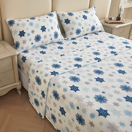 Image of Viviland Plush Christmas Holiday Micro Fleece Queen Bed Sheet Set, Soft Fuzzy Polar Fleece Velour Velvet Queen Snowflake Printed Sheets, Extra Warm Winter Fleece Bed Sheets