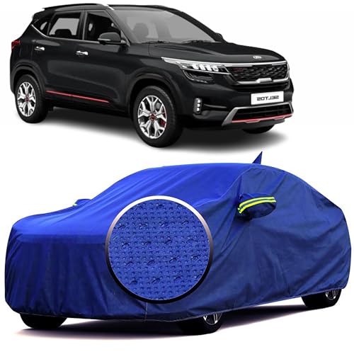 Image of 100% Waterproof 'BlueMax' Car Body Cover for Kia Seltos with Mirror Pocket, Heat & UV Protection, Triple Stitched, Soft Lining, Full Bottom Elastic & Reflective Radium (Blue)