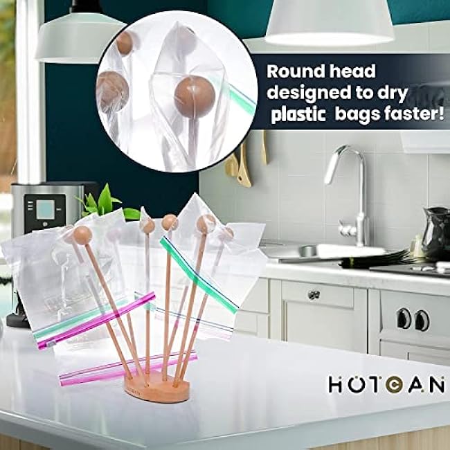 Beech Wood Plastic Bag Drying Rack - Reusable Bag & Bottle Dryer, Space-Saving Design for Kitchen, Easily Assembled and Disassembled for Storage