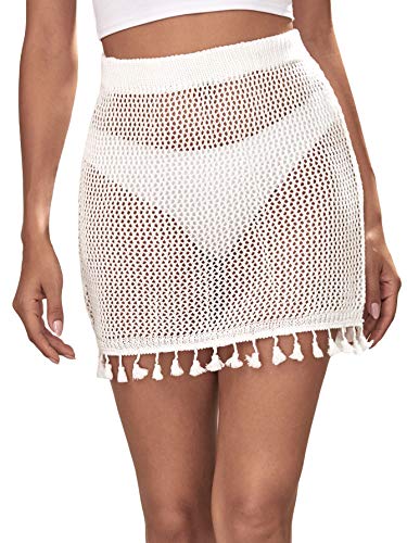 SOLY HUX Women s Elastic Waist Tassel Sheer Beach Swimwear Cover Up Mini Skirt White S