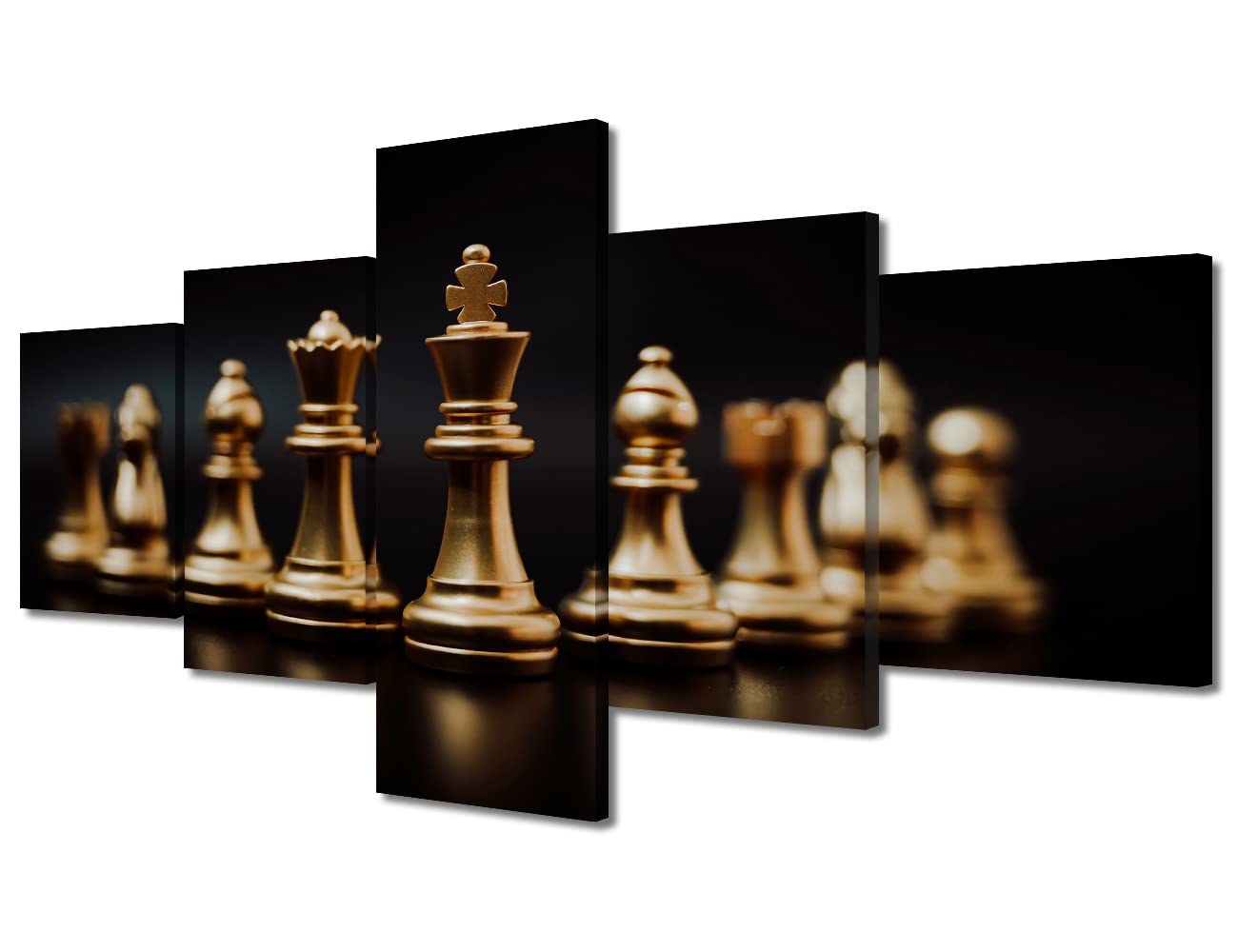 Golden King and Queen Chess Piece Concept for Business Competition and 5 Pieces Wall Art Paintings Canvas Art Modern Style Home, Living Room, Bedroom, Hotel Decoration Gift Ready to Hang - 50"W x 24"H