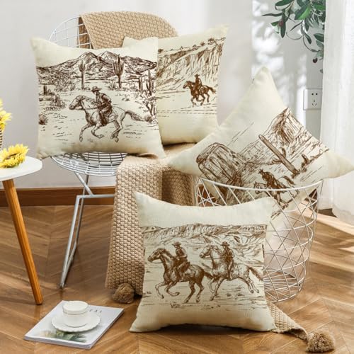 Sagielio Western Throw Pillow Covers Western Home Decor 18x18 Set of 4 Cotton Linen Pillows for Couch Living Room and Bedroom Pillow Case Set for Cowboy Couples Boys Girls (Beige)