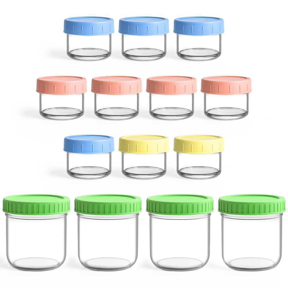Aolso Food Storage Containers, 14-Pack Glass Jars, 4 * 300ML/10 * 60ML Overnight Oats Container with Airtight Lids, Freezer & Microwave Oven, Perfect for Food Storage