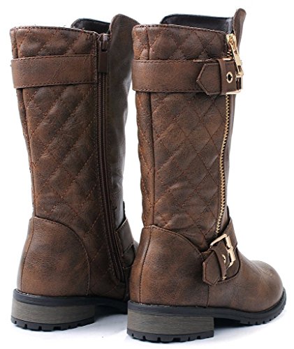J.J.F Shoes Kids Girls Mango21 Brown Dual Buckle/Zipper Quilted Mid Calf Motorcycle Boots-1 - Thumbnail 4