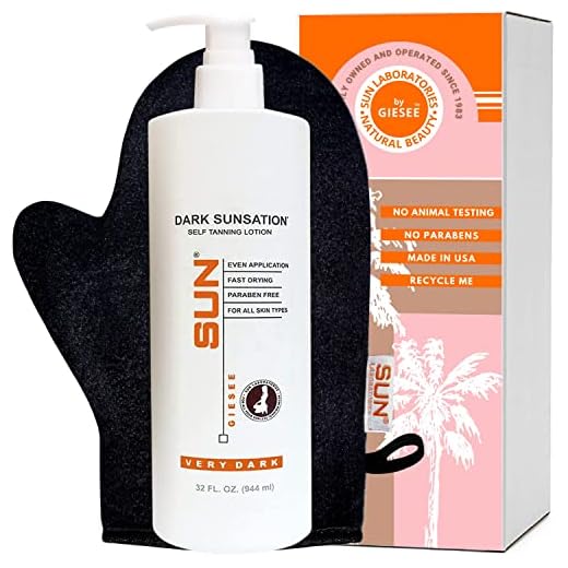 Sun Laboratories By Giesee Dark Sunsation Self Tanner Lotion With Tanning Mitt – Very Dark Sunless Self Tanning Lotion, Instant Organic Sun Self Tanner, Self Tanning Lotion, Tanning Mitt Included