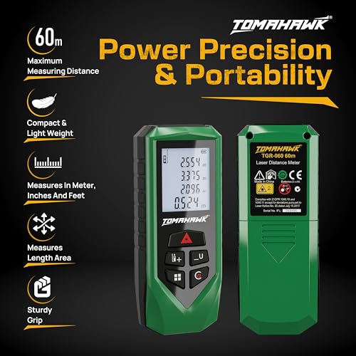Image of TOMAHAWK TGR 060 Laser Distance Meter Measurer 196Ft /60M with Area, Volume and Pythagoras Measurement - Water and Dust Resistant Laser Measuring Device with Backlit LCD, Battery Included