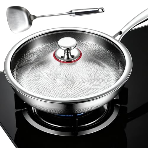 Builrand Padella in titanio puro da 28 cm, padelle in titanio con motivo martellato per cucinare, resistente ai graffi, antiaderente, padella martellata con coperchio compatibile con tutti i piani