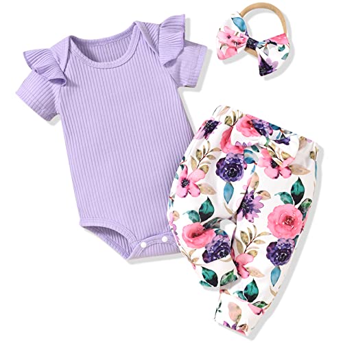 Image of Aalizzwell Baby Girls Ribbed Bodysuit Pants Outfits Spring Summer Clothes