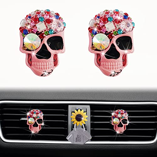 Pink Skull Air Vent Clips, 2 Pcs Bling Skeleton Car Air Fresheners Vents Clips Funny Car Diffuser Diamond Car Interior Decor Cute Car Accessories Car Decoration for Women +Sunflower Mask Hook