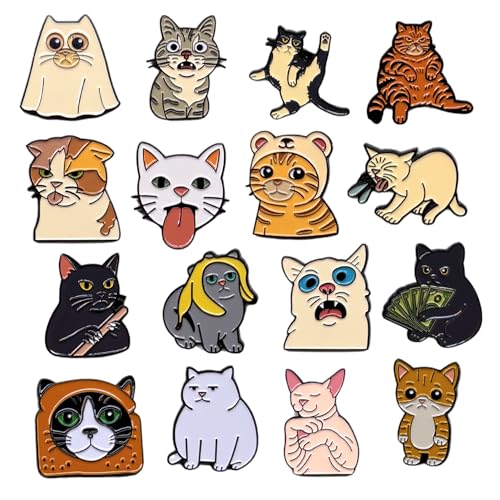 16 pcs Funny Cat Meme Pins Unique Design & Premium Finish Soft Enamel Lapel Pins Set for Cat Lovers & Collectors