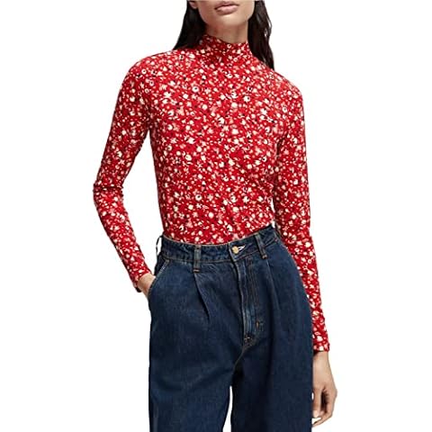 Scotch & Soda Maison Women's Mock Neck Allover Printed Slim-Fit Top T-Shirt, Space Floral Scarlet 5362, M Cover