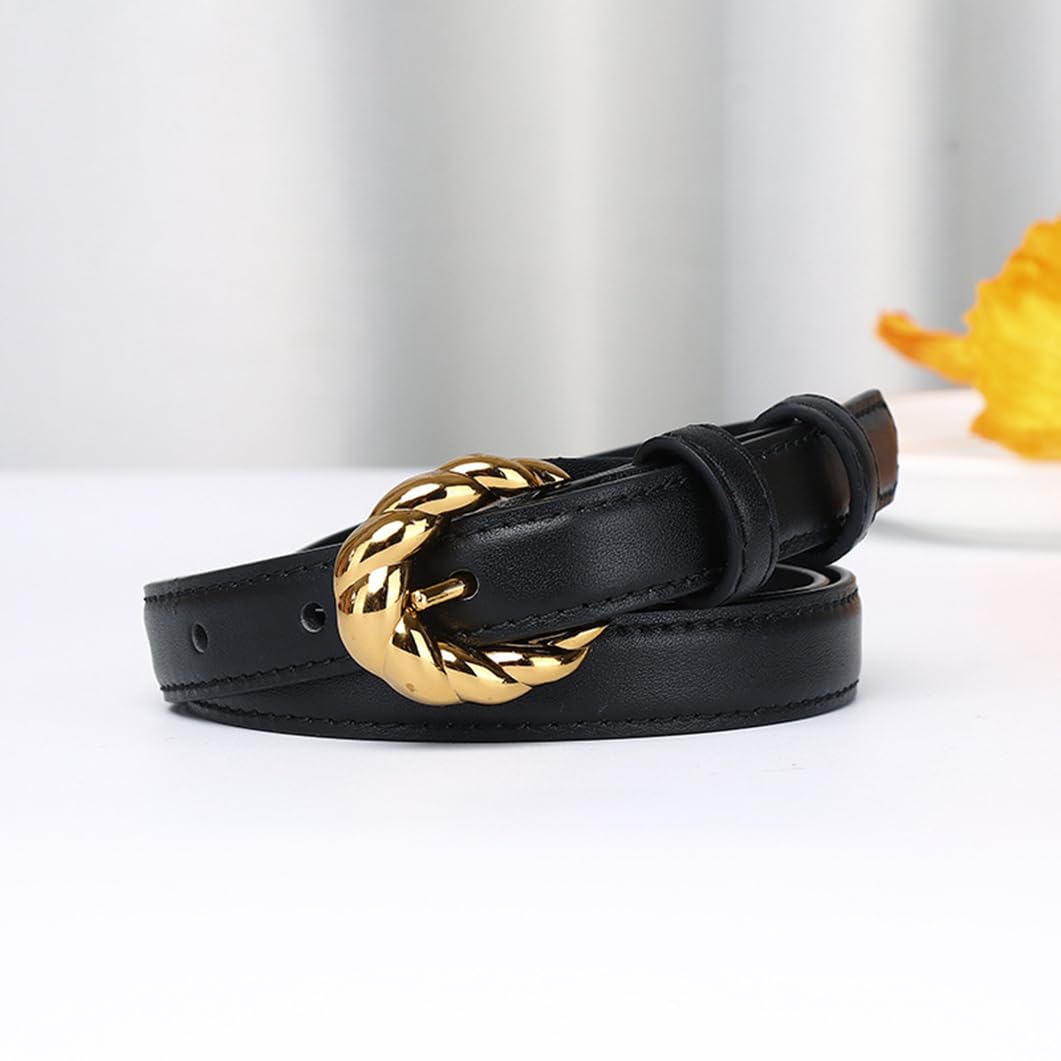 Genérico Mujer Cinturón Ajustado Costuras Cinturones Hebilla De Púas Trenzado Dorado 1,8cm De Ancho Correa De Piel De Vacuno Fina(95cm/37, Black)