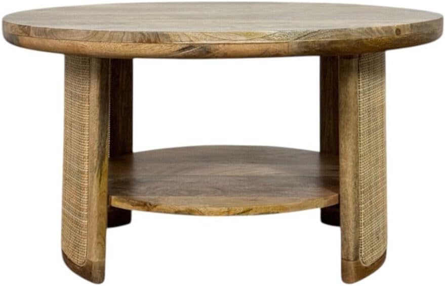 Carolina Chair & Table Marlowe 30" Drum-Style Coffee Table with Shelf - Solid Blonde Acacia Wood Top with Handwoven Cane Base Table - Compact Round Accent Furniture for Living Room, Bedroom, Office