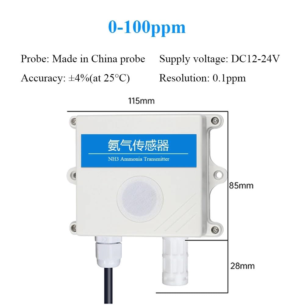 Sensor de gas amoniaco Detección de concentración NH3 100ppm 500ppm Salida RS485 4-20mA 0-5V 0-10V Transmisor detector de alta precisión | 100ppm,0-10V