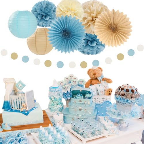 Image of Light-Dusty Blue Beige-Champagne Baby-Shower Party-Decorations - 31pcs Welcome Home Banner Sign,Boy Paper Lanterns,Neutral Streamers Garland,Boho Tissue Pom Poms Flowers Fans Backdrop Decor Burgleda