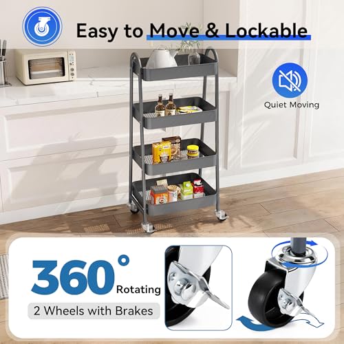 Image of OLIXIS Metal 4 Tiers Utility Rolling Cart, Mobile Storage Shelf with Lockable Caster Wheels, Organization for Livingroom, Bathroom & Narrow Places, 4-Tier Gray