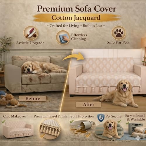 Image of STITCHNEST 'Verdant Rekhika Stories' 1 Seater Sofa Cover| Elegant Jacquard Fabric, Decorative Tassels, Washable & Durable for Modern Living