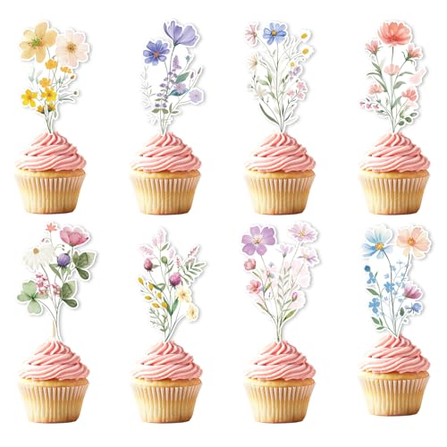 Rngmsi Wildflower Birthday Party Cupcake Toppers Decorations, 40PCS Floral Baby in Bloom Baby Shower Cake Decorations, Garden Flower Party Bridal Shower Wedding Decor for Girls Women