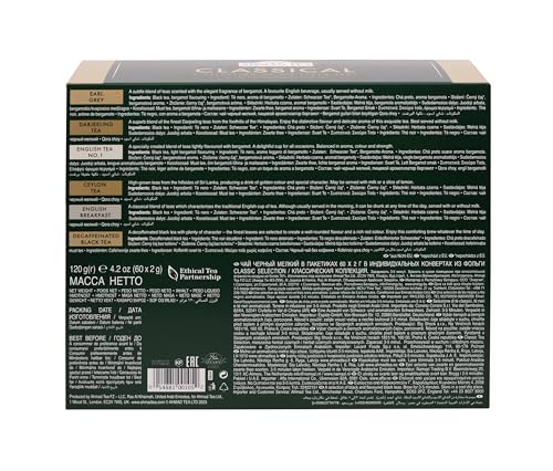 Ahmad Tea Black Tea, Classic Selection Pack Teabags, 60 Foil Teabags - Caffeinated, Decaffeinated, & Sugar-Free
