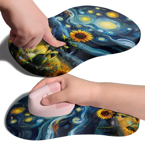Image of Ergonomic Joint Wrist Support Mouse Pad with Memory Foam Cushion Massage Bump, Carpal Tunnel Pain Relief Mousepad Slope Design for Wrist Rest, 11.8x7.9 in, Sunflower