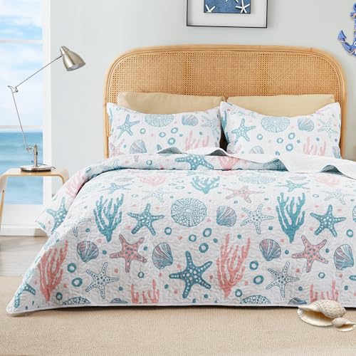 Image of Love's cabin Twin Quilt Bedding Set Coastal Pink Bedspreads - Soft Bed Summer Beach Nautical Quilt Lightweight Bedspread- Reversible Bedding Coverlet for All Season - 2 Piece