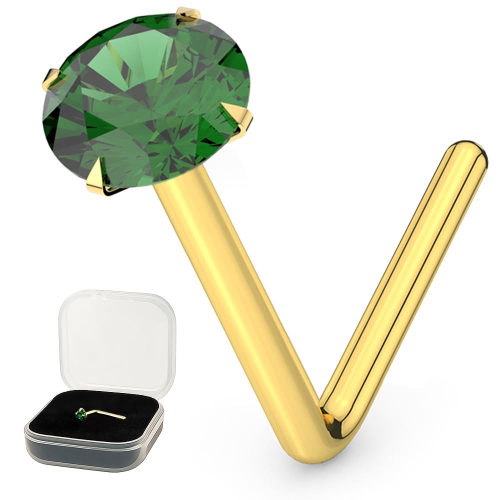Monster Piercing 9K Solid Gelb Gold Klaue Set Smaragd Crystal Stein 22 Gauge L Form Nase Stud Piercingschmuck