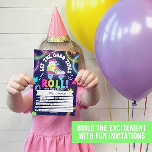 Invitación de fiesta infantil de patinaje sobre ruedas neón Hadley Designs premium mate 7