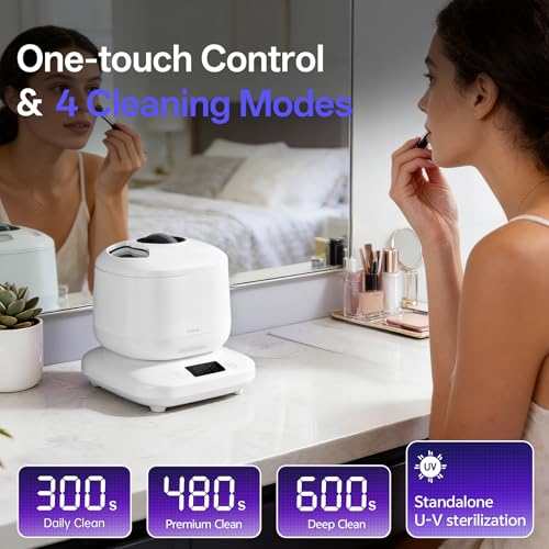 Image of Ultrasonic Makeup Brush Cleaner Electric Machine with U-V, Automatic Cosmetic Brushs Washer Portable Deep Cleaning for Beauty Makeup Brush Set, Blush Brush, 4 Modes with Visible Window Digital Timer