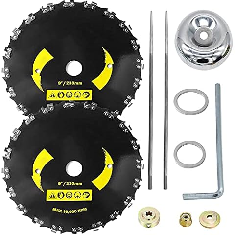 (2pack) Brush Cutter Blade Chainsaw Trimmer - 9 Inch 20 Tooth Brush Blades Accessories Replacement for String Trimmers Weed Eater Weedwhacker Tools (Adapter Included+2 Round Files) Cover