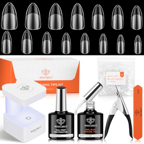 modelones X Nail Gel Kit Almond, Upgrade 15Sizes Fake Nails, 9-in-One Glue Dehydrator & Mini U V Light Clipper, 510Pcs Medium Almond Press on Tips for Extension DIY Salon Home Gift