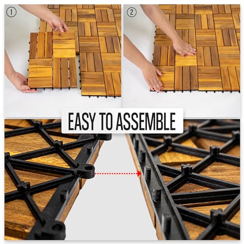 Image of Pack of 10 Deck Tiles - 12 inchx12 inch Interlocking Natural Solid Acacia Wood for Outdoor & Indoor, Patio Garden, Balcony, Poolside - Golden Teak Color