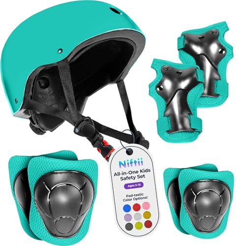 Niftii Kids Helmet with Pads - Adjustable Multi-Sport Complete Safety Gear for Cycling, Skateboarding & Scooting, Ideal for Boys & Girls Ages 3-15 Kids Bike Helmet Set, Turquoise