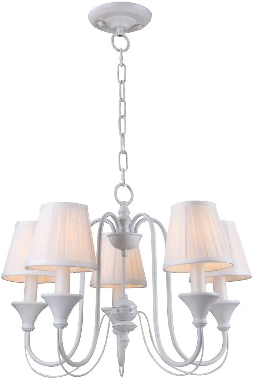 UNITARY BRAND Vintage White Fabric Shade Chandelier Painted Finish with 5 Lights Max 200W