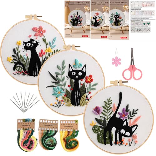 Image of Konrisa 3pcs Embroidery Kits for Beginners Creative Black Cat and Flower Pattern Cross Stitch Practice Kit DIY Sewing Needlepoint, Include 1pcs Hoop