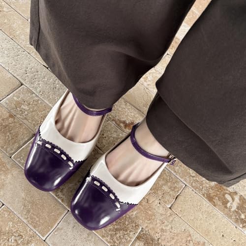 SHODENSE Women Square Toe Chunky Heel Pumps Oxford Ankle Strap High Heels Two Tone Perforated 3 inch Block Heel Mary Jane Shoes Closed Toe Dress Heels Wingtips Vintage Retro 4-11 M US4