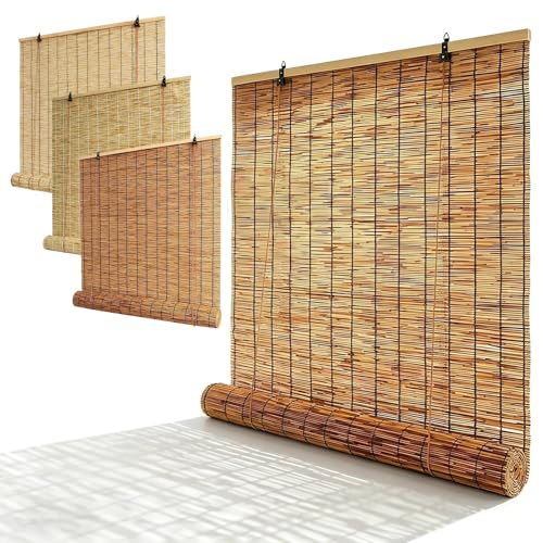 Bamboo Roll Up Blinds for Outdoor Patio and Porch Bamboo Shades with Lifter for Windows 48 50 64 72 78 Outdoor Bamboo Blinds Roller Shades UV Protection Privacy Screen(Brown W46 x H48)