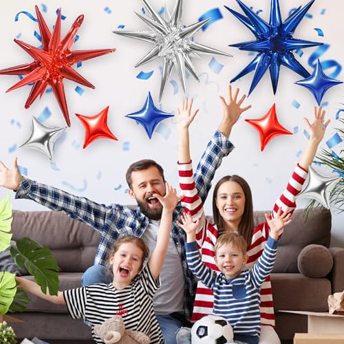 Image of TONIFUL 18Pcs 22Inch Red Blue Silver Explosion Star Mylar Balloons and 10Inch Four Pointed Star Balloons Set for Christmas New Year Birthday Wedding Independence Day Anniversary Photo Booth Supplies