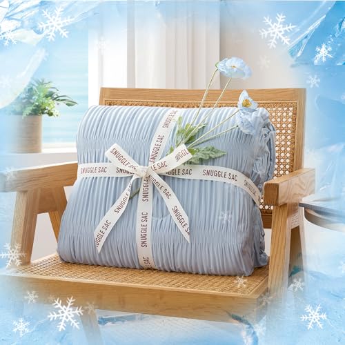 Image of Snuggle Sac Cooling Comforter Queen Size - Q-Max 0.43 Striped Cooling Blanket for Hot Sleepers&Night Sweats, Light Breathable Summer Blanket, Dual-Sided Silk-Smooth, 90x90 Inches, Haze Blue