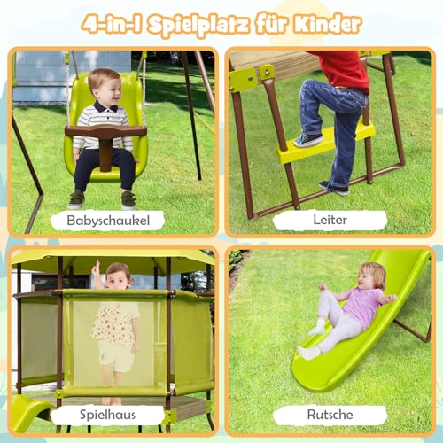 DREAMADE 4 IN 1 Spielturm mit Rutsche & Schaukel & Spielhaus & Leiter, Klettergerüst Outdoor Kinder Kletterturm aus Metall für den Garten