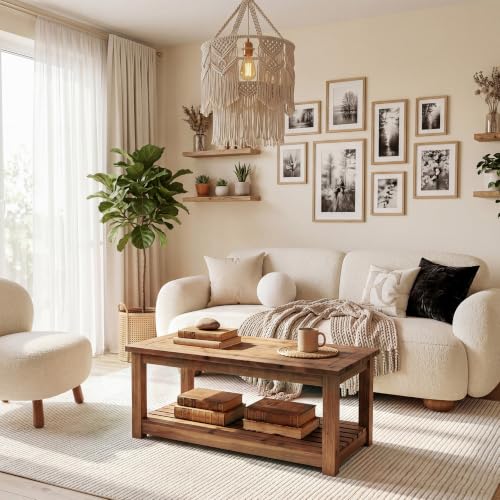 Image of LITTLE TREE Solid Wood Coffee Table, 47-Inch Living Room Center Table with Shelf, 2-Tier, Easy Assembly, 23.6 inch D x 47.2 inch W, Rustic Brown