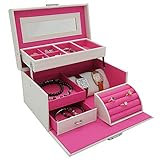 4Queens Girls Jewelry Box White Pu Leather with Makeup Mirror Watch Display Organizer Storage Case Lockable