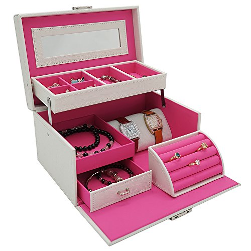 4Queens Girls Jewelry Box White Leather with Makeup Mirror Watch Display Organizer Storage Case Lockable