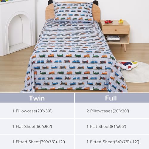 Image of Viviland 4 Pieces Boys Grey Full Sheet Set - Soft Microfiber Fitted Flat Sheets & Pillowcases - Retro Train Print Bedding Sets- for Kids & Toddlers