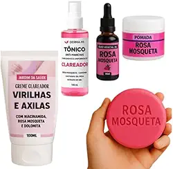 Kit Rosa Mosqueta com Creme Clareador | Óleo + Tônico + Sabonete + Pomada + Creme para Virilhas e Axilas