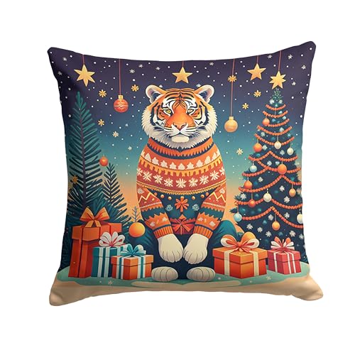 Caroline's Treasures DAC1204PW1414 Tiger Christmas Fabric Decorative Pillow Machine Washable, Indoor Outdoor Decorative Pillow for Couch, Bed or Patio, 14Hx14W