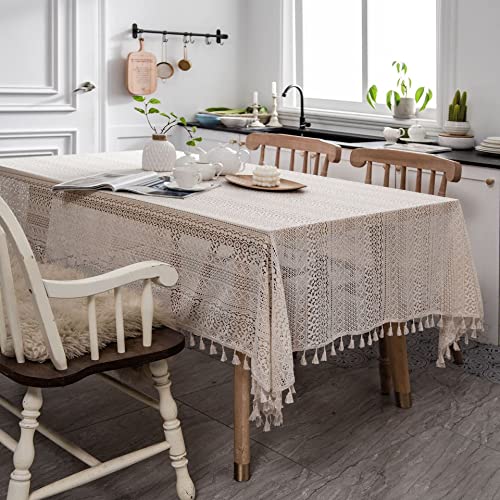 Wutup Crochet Cotton Tablecloth,Crochet Farmhouse Tablecloth, Table Overlays For Decoration 60 X 87Inch,Beige Color #TOP2