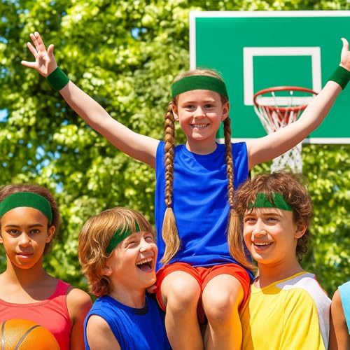 Image of Bememo 36 Pcs Neon Sweatbands Set for Kids 12 Headbands 24 Wristbands Bulk Sports Sweat Bands Athletic for Children Basketball Tennis Running Gym Student Gifts Glow Party