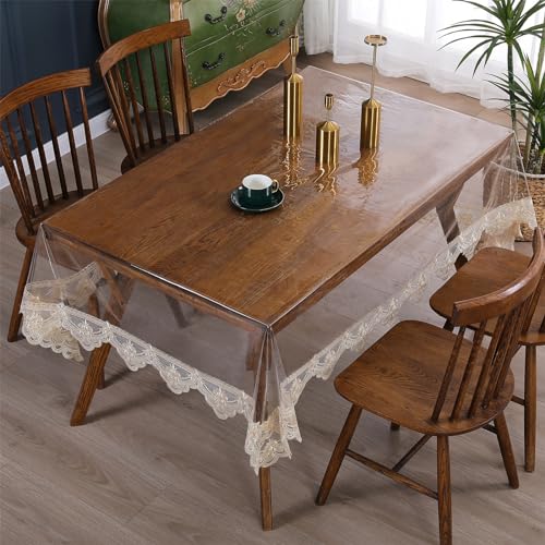 Clear Plastic Rectangle Tablecloth Vinyl Waterproof Table Cloth Embroidered Lace Edge Transparent Table Cover for Dining Kitchen Outdoor(60 x 106 inch, Coffee Style 2) by Rakila - Used condition - Image 3