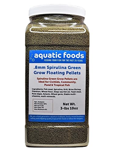 Aquatic Foods Inc. 0.8mm Spirulina Green Grow Floating Pellets for Baby Discus, Cichlids, All Tropicals, Koi and Pond Fish…3-lb &10oz Lg Jar