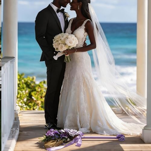 Wedding Broom DIY Purple Jumping Broom for Wedding Ceremony 28 inch Tall Whisk with Artificial Roses/Green Leaves/Ribbons/Pearl